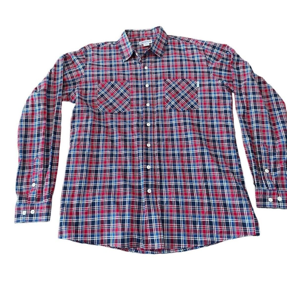 XL TALL Carhartt Blue & Red Plaid Button Down Shirt 100% Cotton